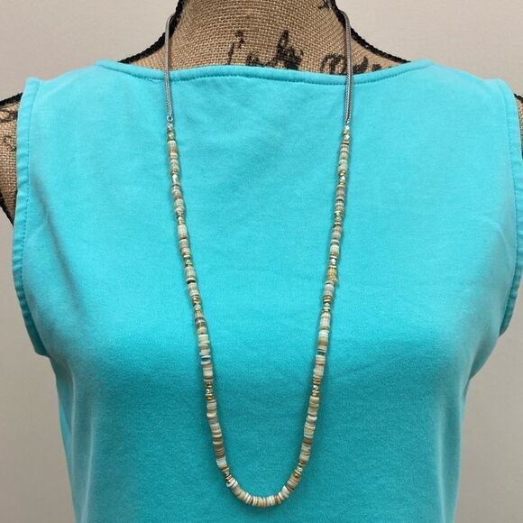 Tan, gold, and cream long bead and shell necklace - Picture 3 of 5